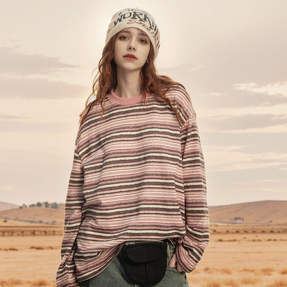 美式街頭復古拼接條紋長袖衛衣T恤女春秋寬鬆潮牌套頭上衣