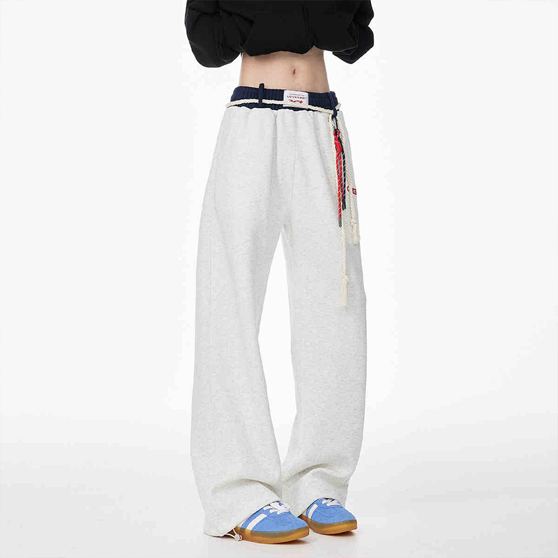 美式復古嘻哈綁帶運動褲寬鬆闊腿衛褲情侶垂感直筒休閒褲