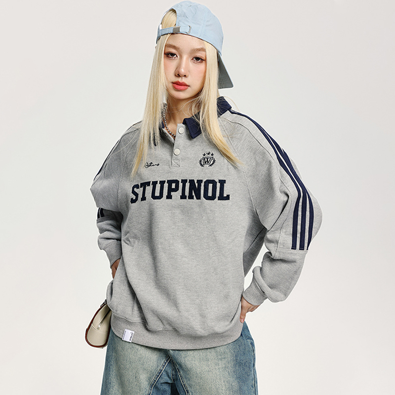 美式復古街頭重磅休閒衛衣學院風Polo領寬鬆情侶上衣