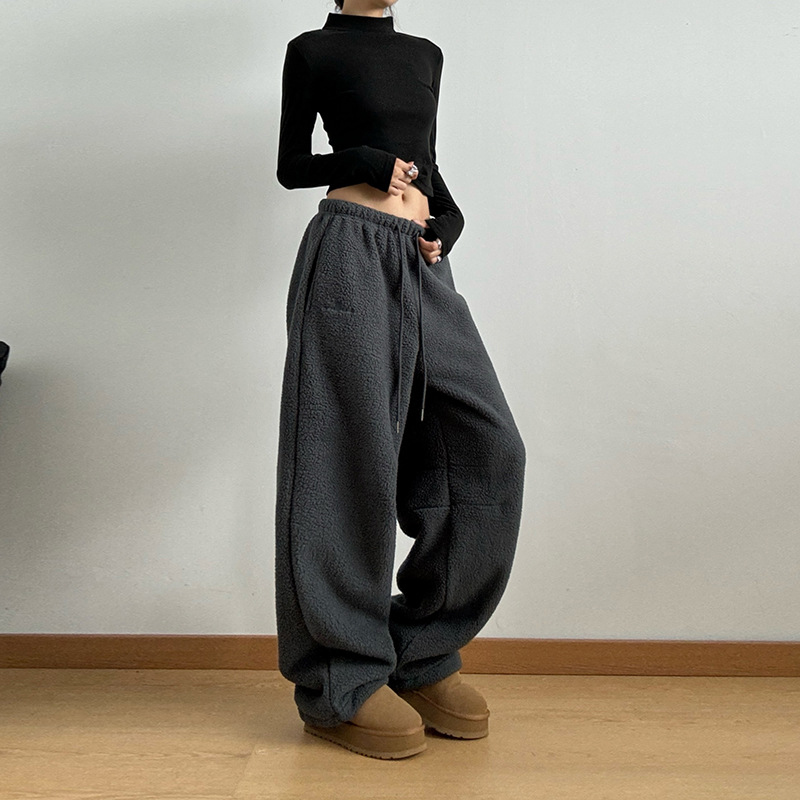 搖粒絨褲子女冬季加絨加厚休閒保暖鬆緊腰抽繩長褲