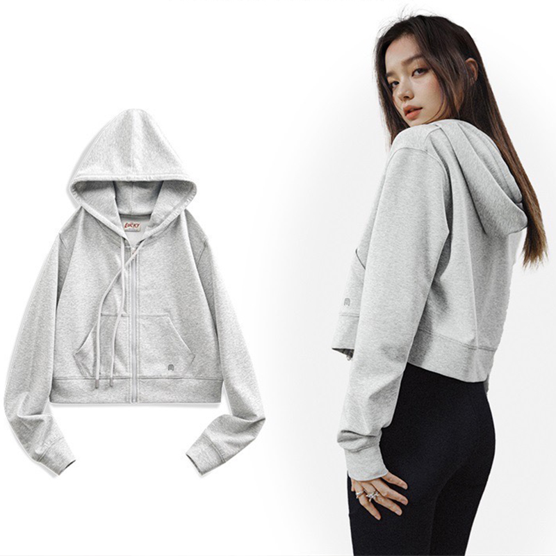 馬登女裝 美式高腰口袋短衛衣修身連帽拉鍊衛衣開衫運動外套