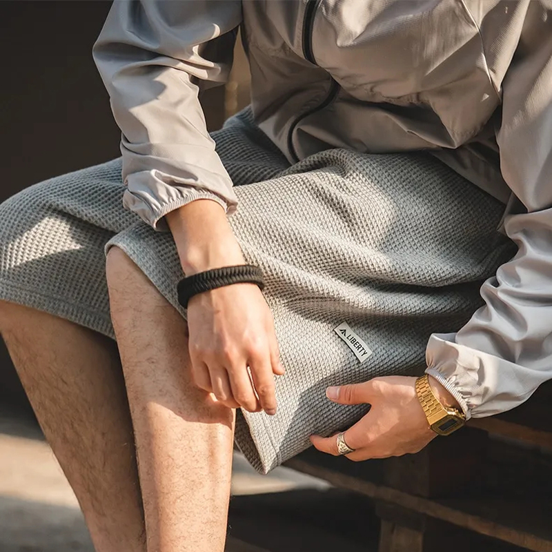 馬登工裝 美式復古寬鬆垂墜感華夫格短褲炸街輪廓休閒褲男潮