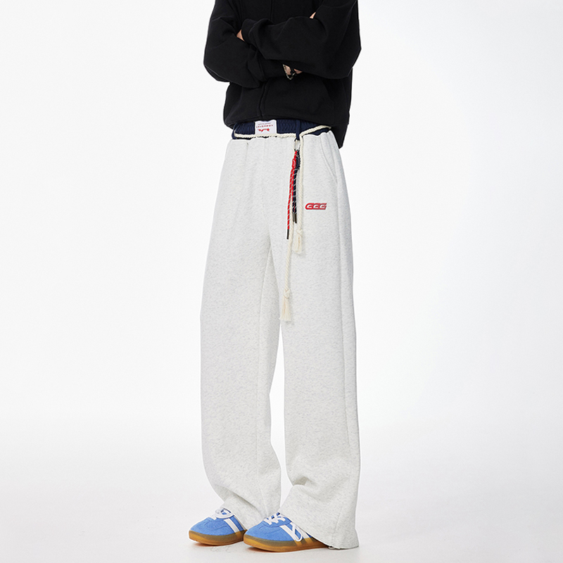 美式復古嘻哈綁帶運動褲寬鬆闊腿衛褲情侶垂感直筒休閒褲