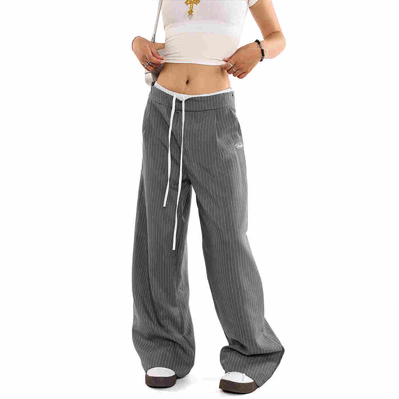 美式復古拼接雙腰頭假兩件條紋西裝褲女寬鬆休閒長褲