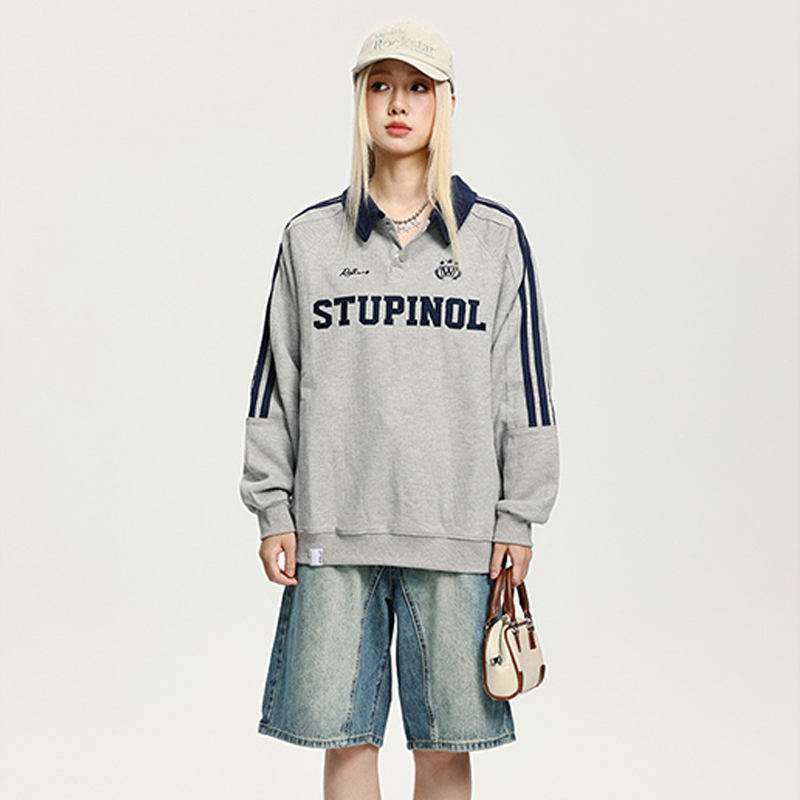 美式復古街頭重磅休閒衛衣學院風Polo領寬鬆情侶上衣