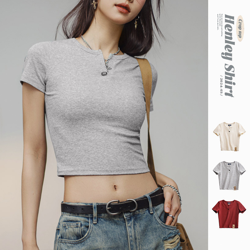 馬登女裝 美式亨利衫短袖正肩修身純棉T恤內搭打底衫短款辣妹上衣