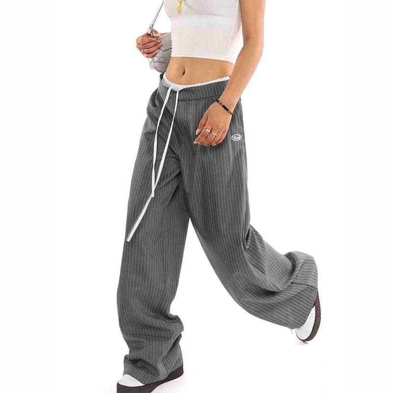 美式復古拼接雙腰頭假兩件條紋西裝褲女寬鬆休閒長褲