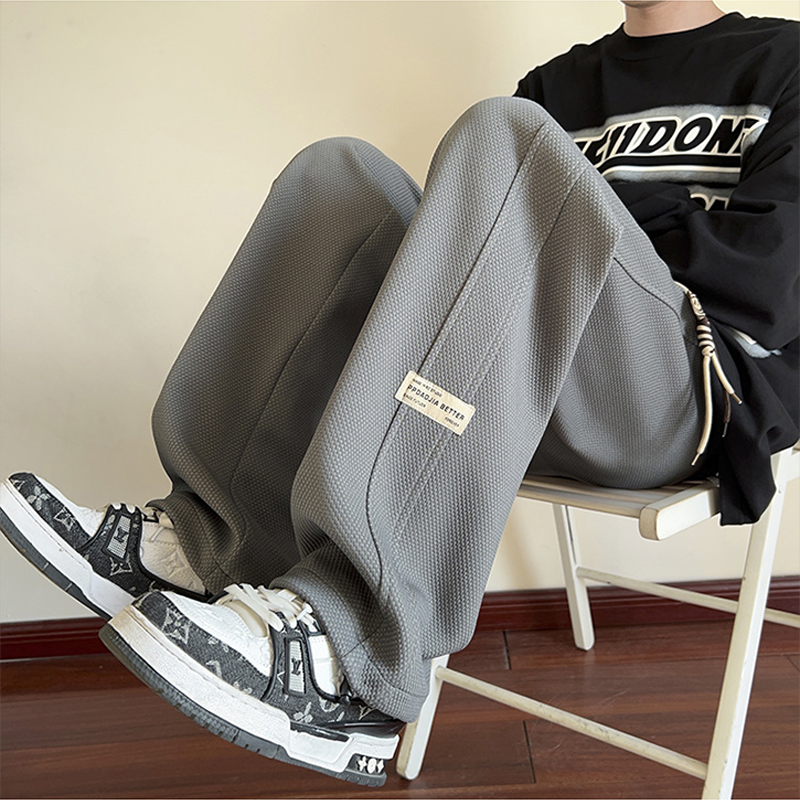 美式休閒菠蘿格長褲鬆緊腰編織腰繩垂感寬鬆運動褲