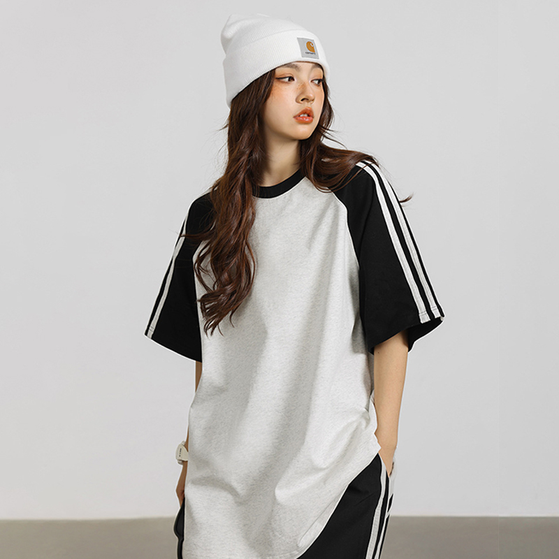 條紋拼接插肩短袖T卹女美式潮牌Oversize寬鬆情侶Tee