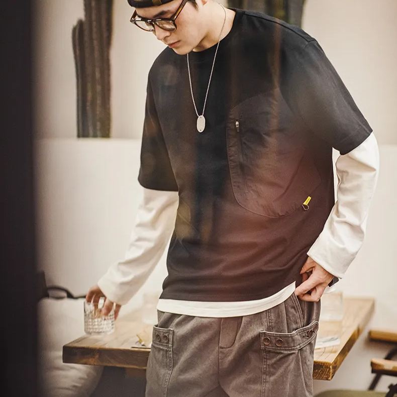 馬登工裝 Gorpcore重磅300g短袖山系戶外機能拼接口袋疊穿T卹