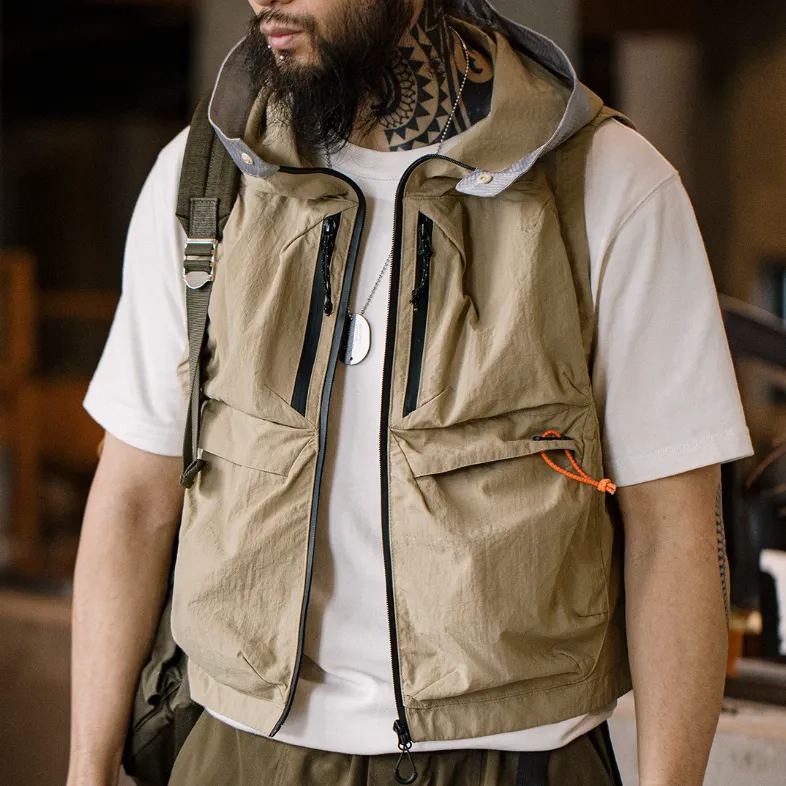 馬登工裝 山系機能速乾馬甲多口袋連帽戶外露營釣魚無袖坎肩