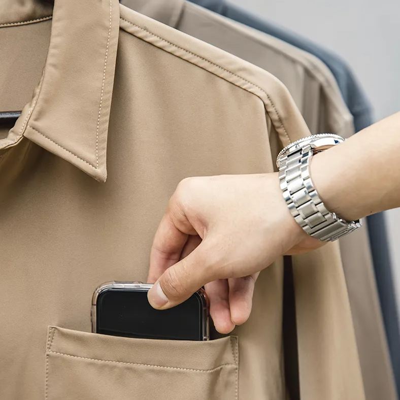 馬登工裝 美式復古緞面長袖襯衫寬鬆冰絲感垂墜襯衫男潮