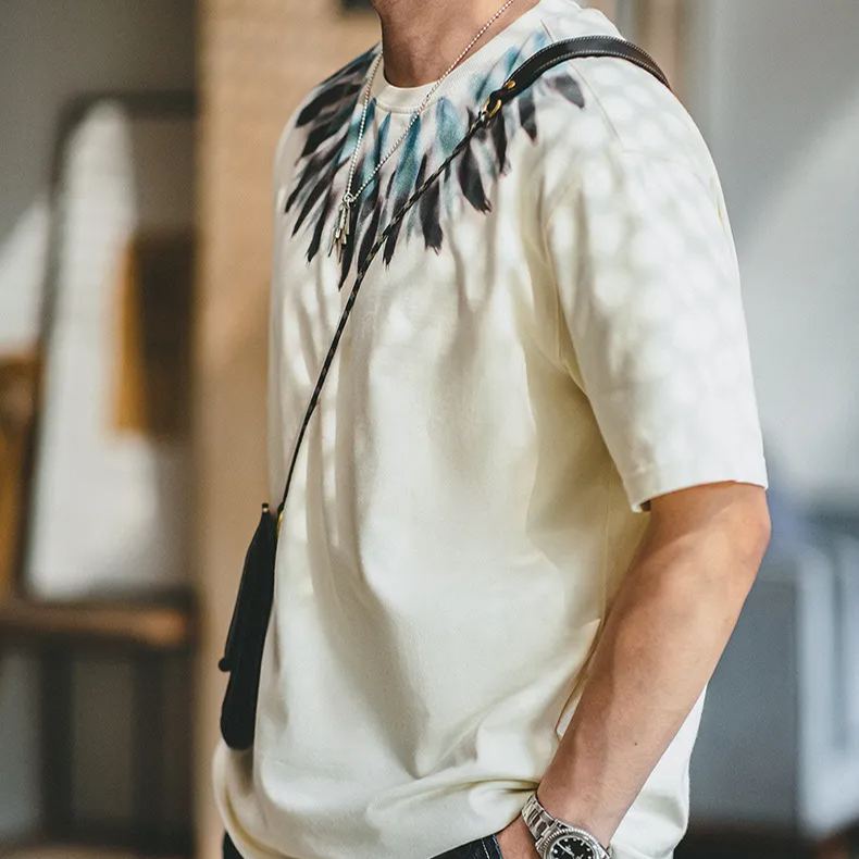 馬登工裝 美式復古印地安羽印花短袖做舊寬鬆民族風T卹