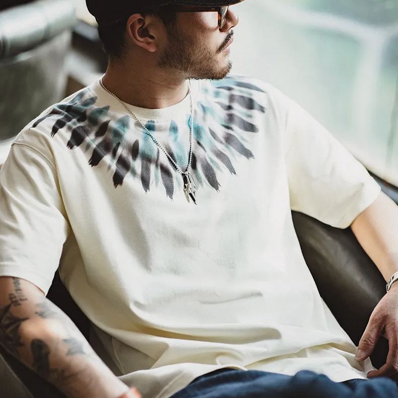 馬登工裝 美式復古印地安羽印花短袖做舊寬鬆民族風T卹