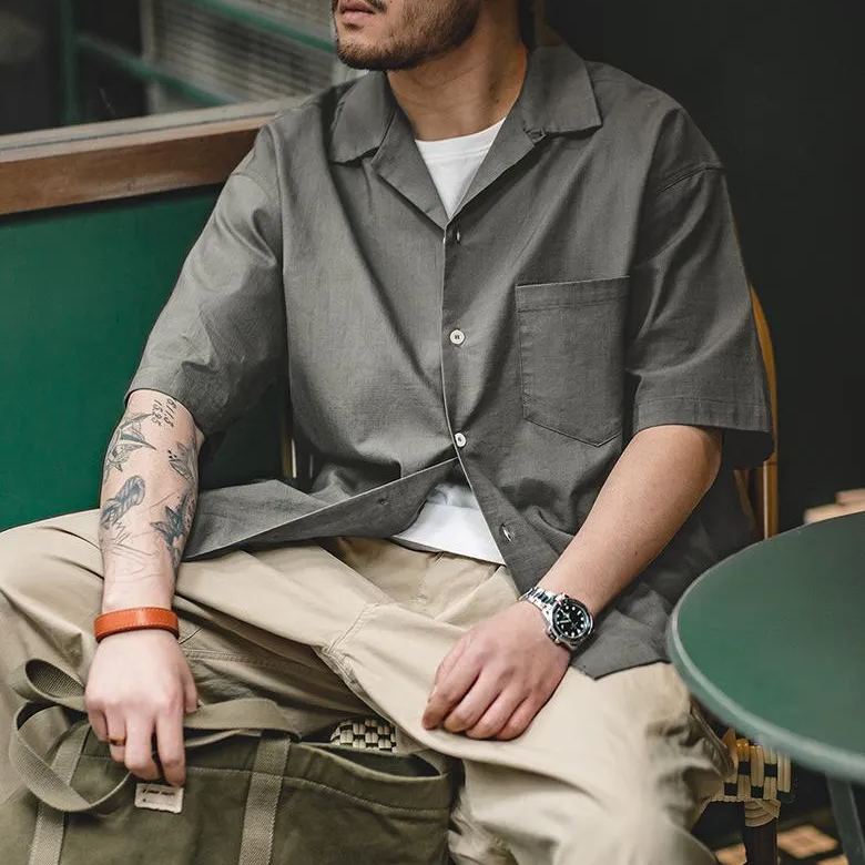 馬登工裝 古巴領寬鬆短袖襯衫透氣休閒痞帥山系襯衣