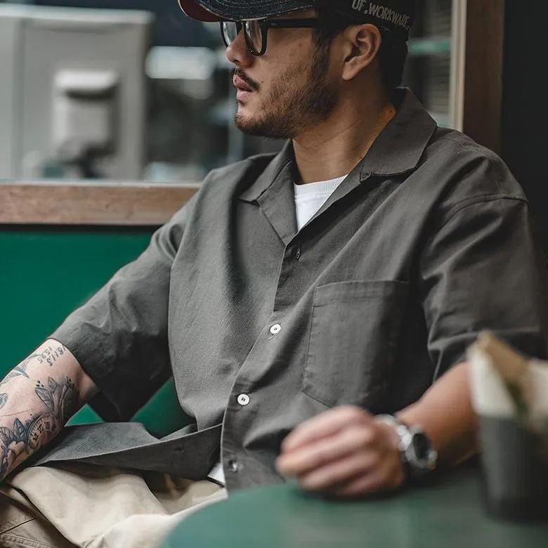 馬登工裝 古巴領寬鬆短袖襯衫透氣休閒痞帥山系襯衣