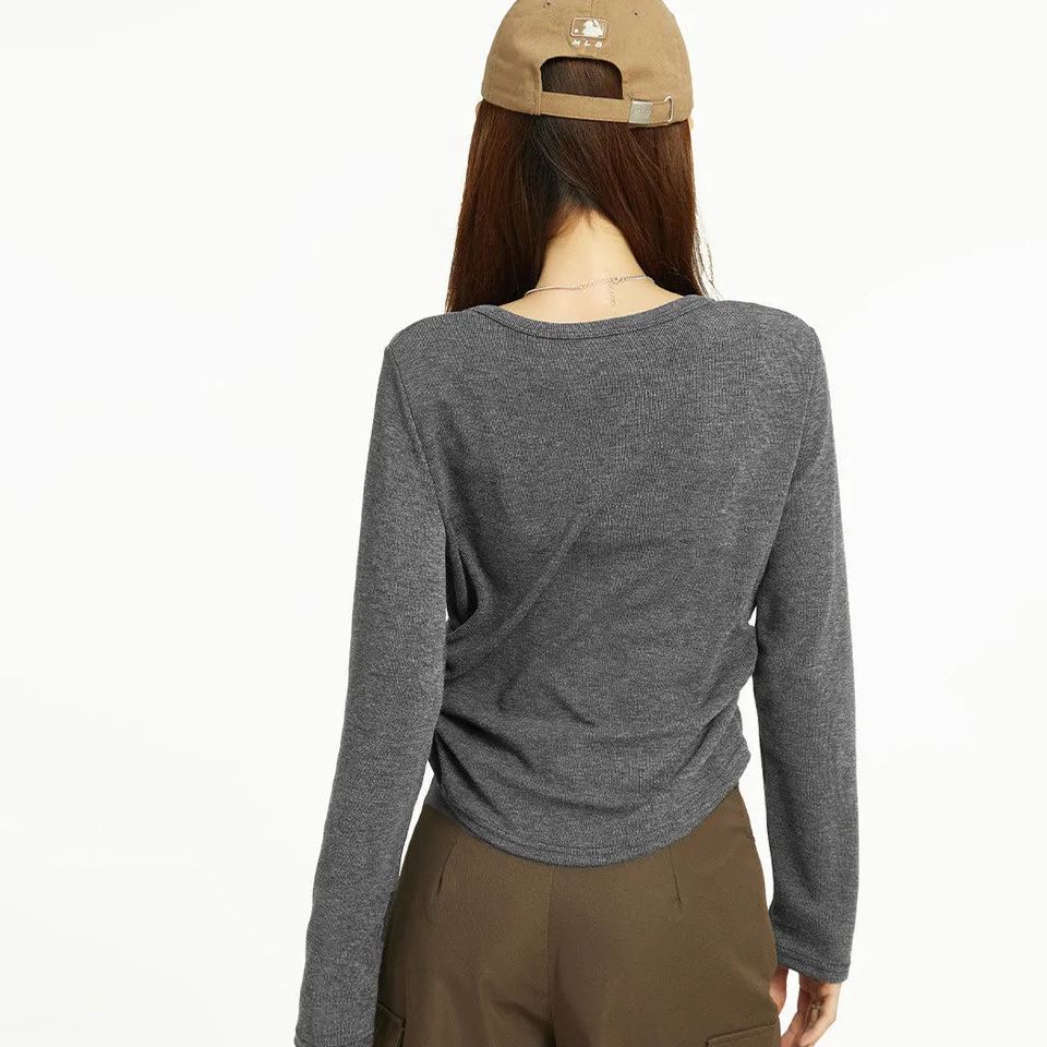 V領假兩件長袖T恤女春秋設計感小眾修身正肩打底衫上衣