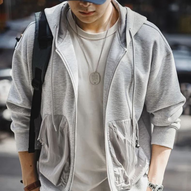 馬登工裝 美式休閒氣層開衫夾克拼接口袋運動連帽外套男秋冬