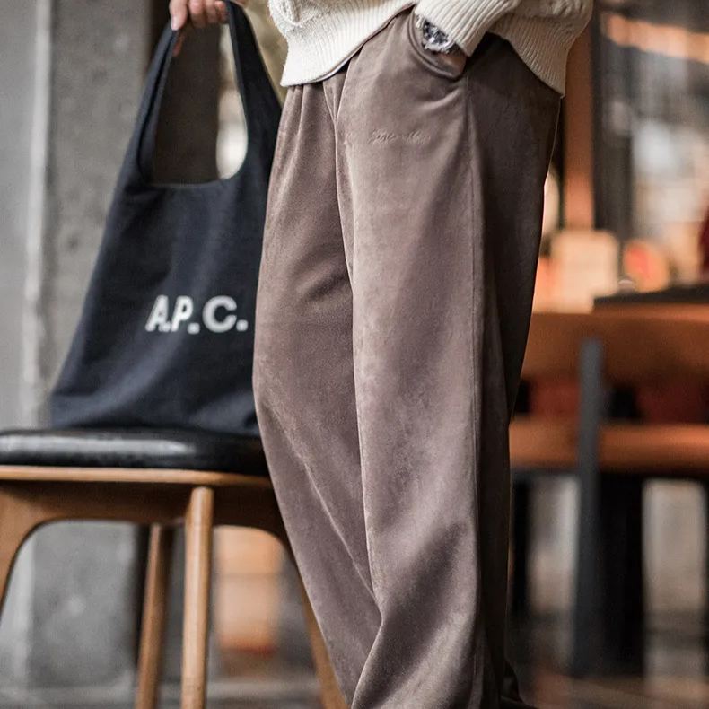 馬登工裝 美式休閒磨毛麂皮衛褲慵懶風寬鬆垂感直筒闊腿褲子男秋冬