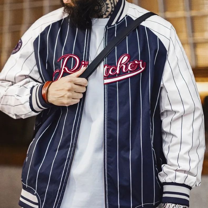 馬登工裝 美式復古條紋棒球夾克字母刺繡徽章撞色拼接休閒外套男春