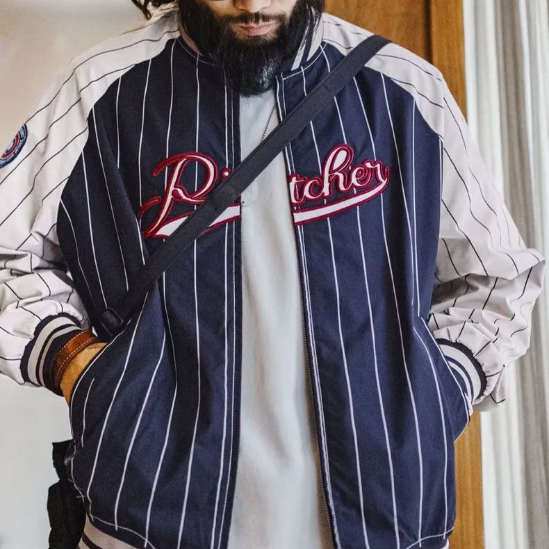 馬登工裝 美式復古條紋棒球夾克字母刺繡徽章撞色拼接休閒外套男春