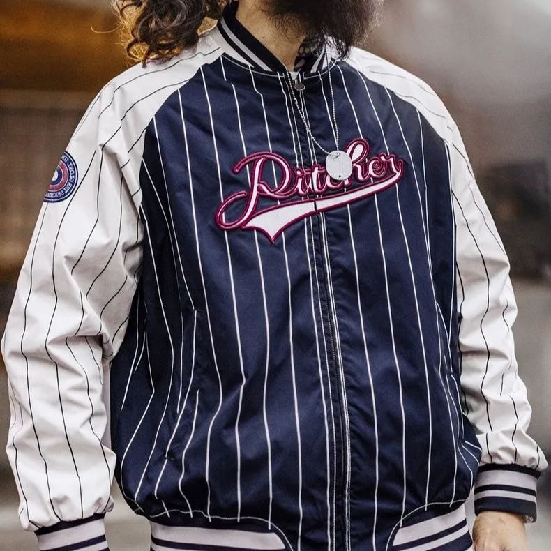 馬登工裝 美式復古條紋棒球夾克字母刺繡徽章撞色拼接休閒外套男春