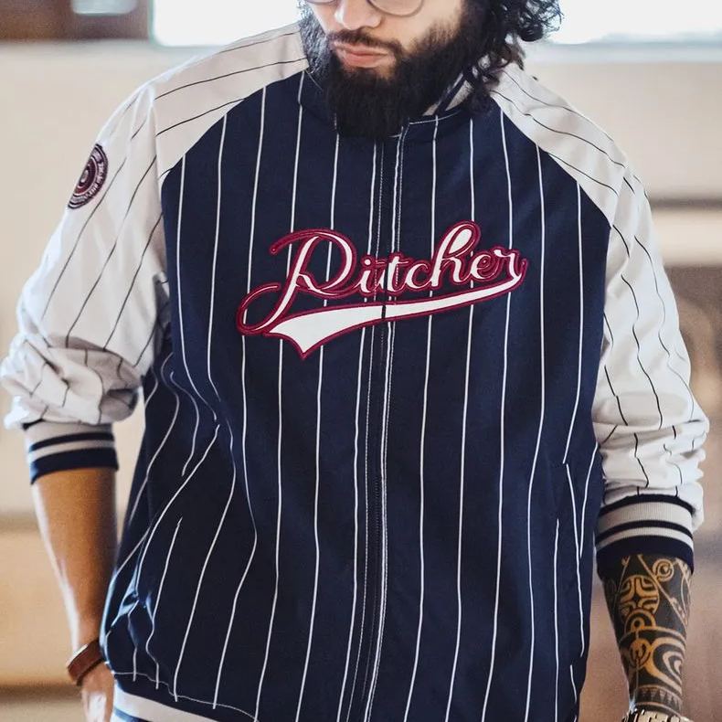 馬登工裝 美式復古條紋棒球夾克字母刺繡徽章撞色拼接休閒外套男春