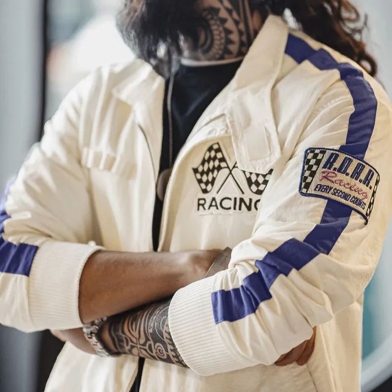 馬登工裝 美式復古拼色刺繡賽車夾克F1車手服休閒棒球領外套男春