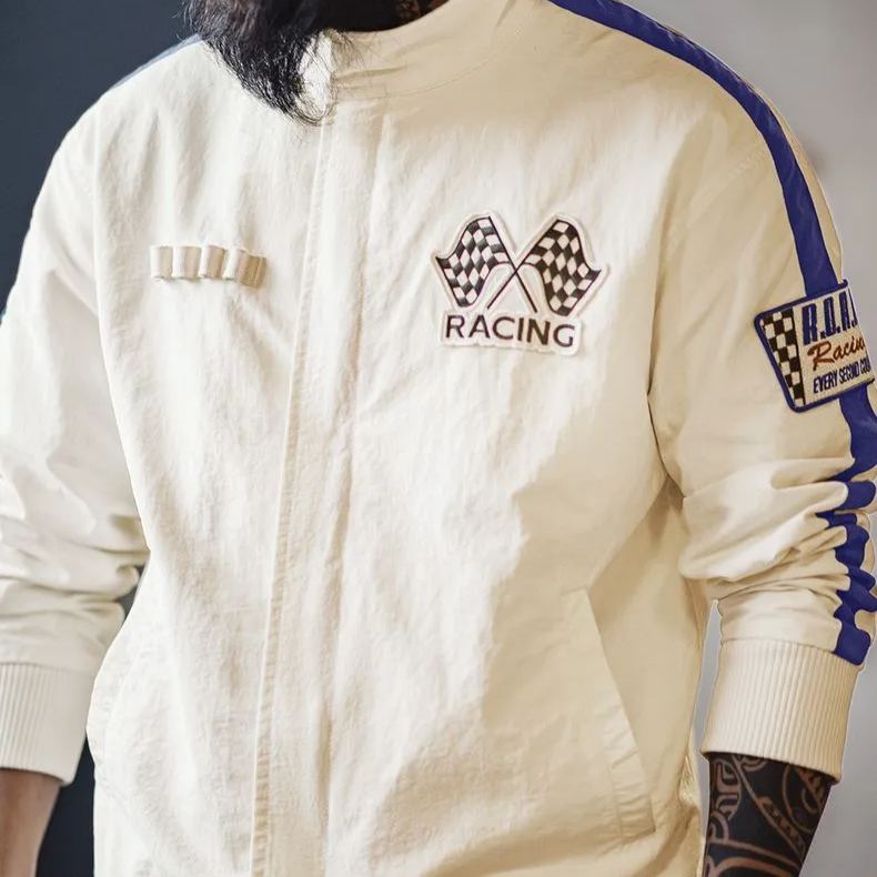 馬登工裝 美式復古拼色刺繡賽車夾克F1車手服休閒棒球領外套男春