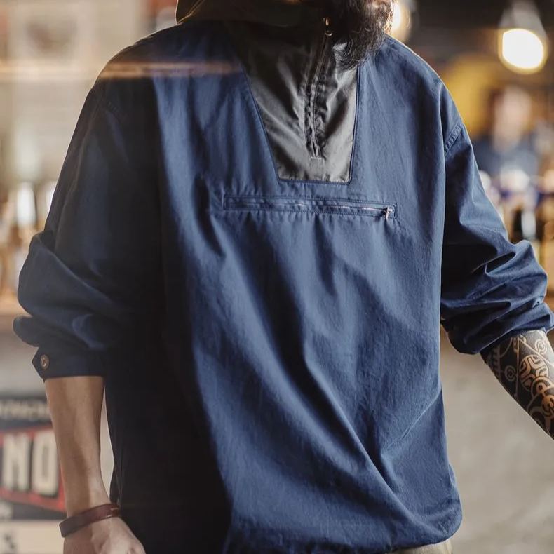 馬登工裝 美式復古拼色連帽夾克寬鬆甲板服休閒套頭外套男春季