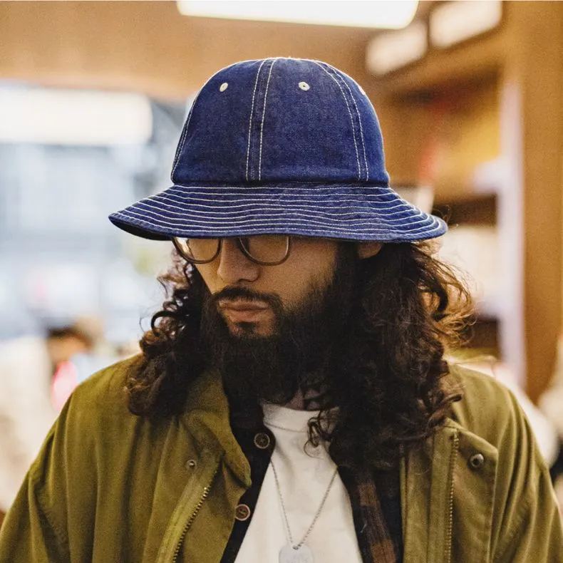 馬登工裝 美式復古丹寧牛仔漁夫帽寬帽檐咔嘰圓頂遮陽帽盆帽男女