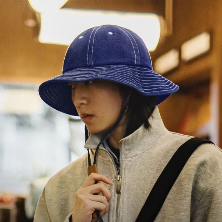 馬登工裝 美式復古丹寧牛仔漁夫帽寬帽檐咔嘰圓頂遮陽帽盆帽男女