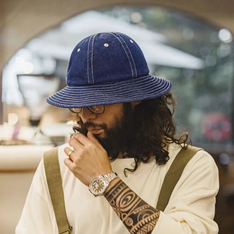 馬登工裝 美式復古丹寧牛仔漁夫帽寬帽檐咔嘰圓頂遮陽帽盆帽男女