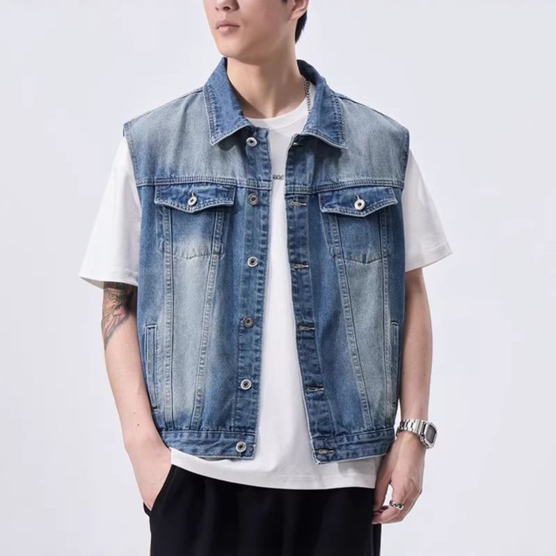 復古水洗工裝坎肩牛仔馬甲外套寬鬆帥氣無袖背心夾克