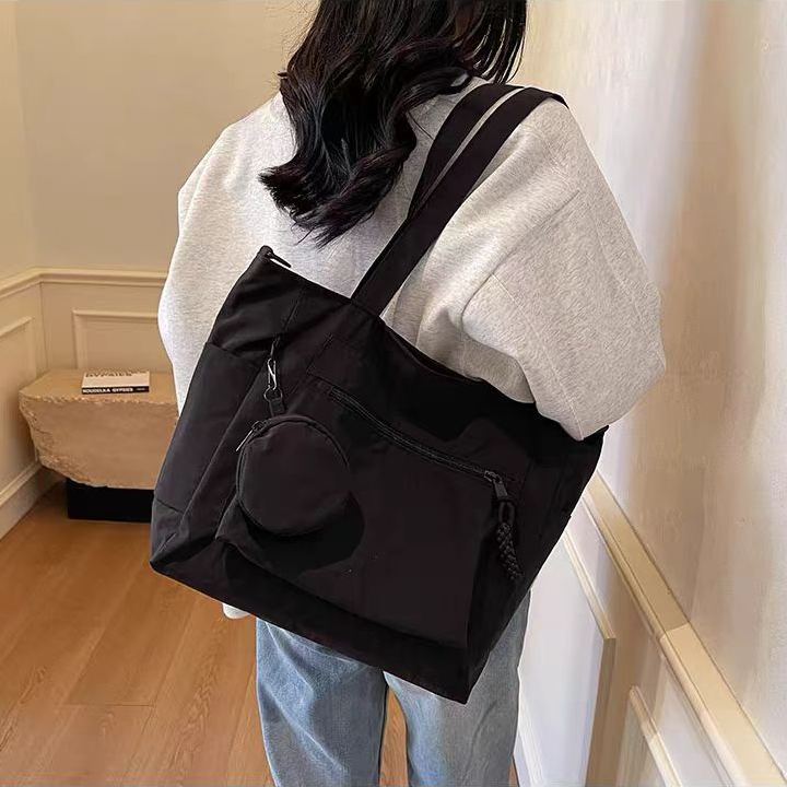 休閒純色尼龍托特包大容量通勤布包簡約輕便單肩斜背包帶零錢包