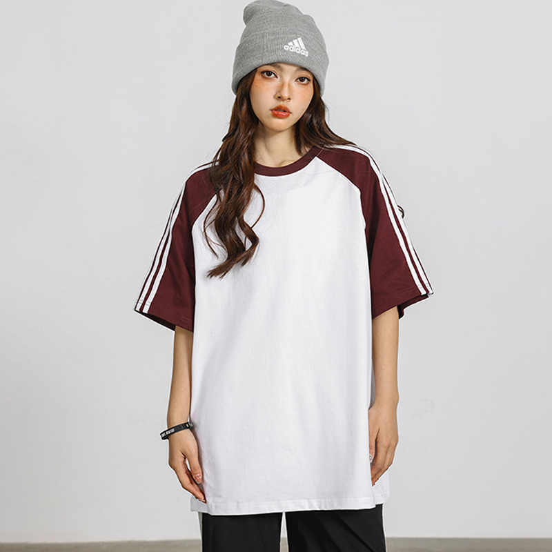 條紋拼接插肩短袖T卹女美式潮牌Oversize寬鬆情侶Tee