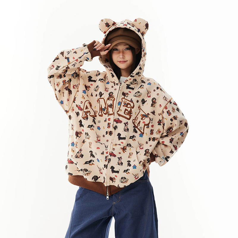 美式復古小狗滿印連帽衛衣外套字母刺繡小眾設計感開衫外套