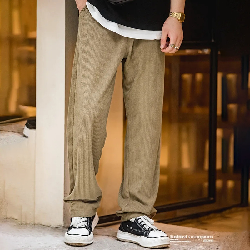 馬登工裝 復古針織鬆緊腰衛褲抽繩運動直筒闊腿長褲