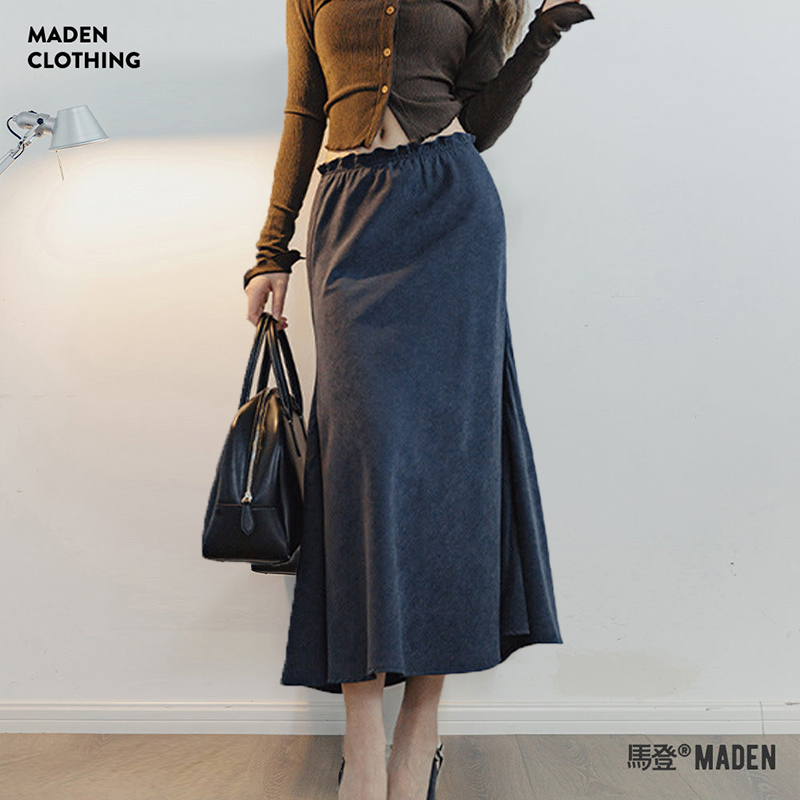 馬登女裝 桃皮絨高腰包臀魚尾裙復古顯瘦A字裙百搭半身長裙