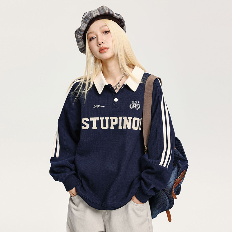 美式復古街頭重磅休閒衛衣學院風Polo領寬鬆情侶上衣