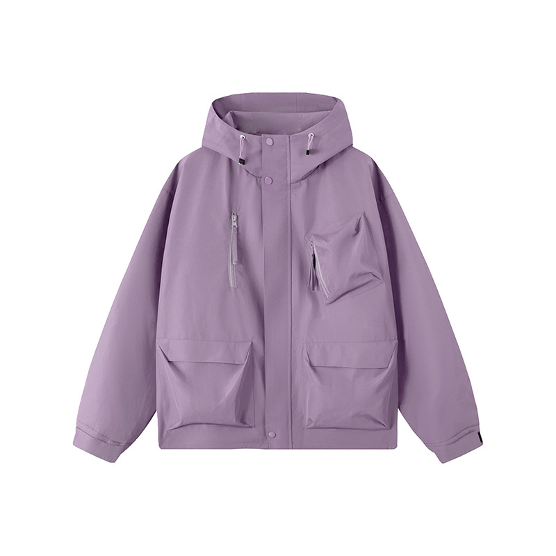 多口袋戶外衝鋒衣外套女純色連帽夾克高級感風衣情侶登山服