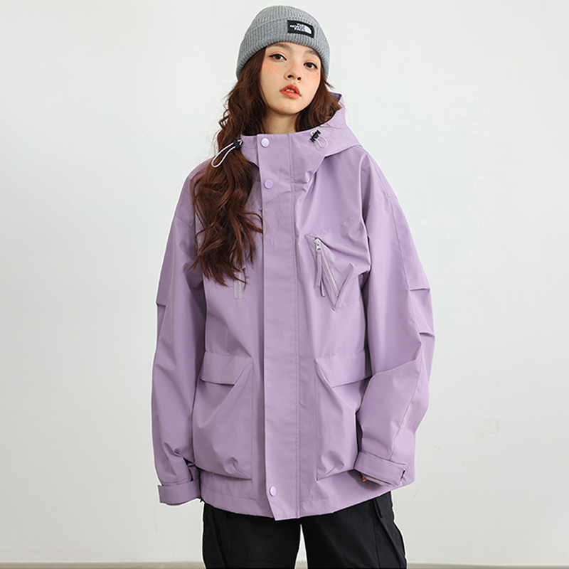 多口袋戶外衝鋒衣外套女純色連帽夾克高級感風衣情侶登山服