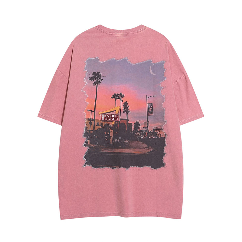 美式復古水洗做舊街頭風景印花短袖T恤寬鬆百搭情侶上衣