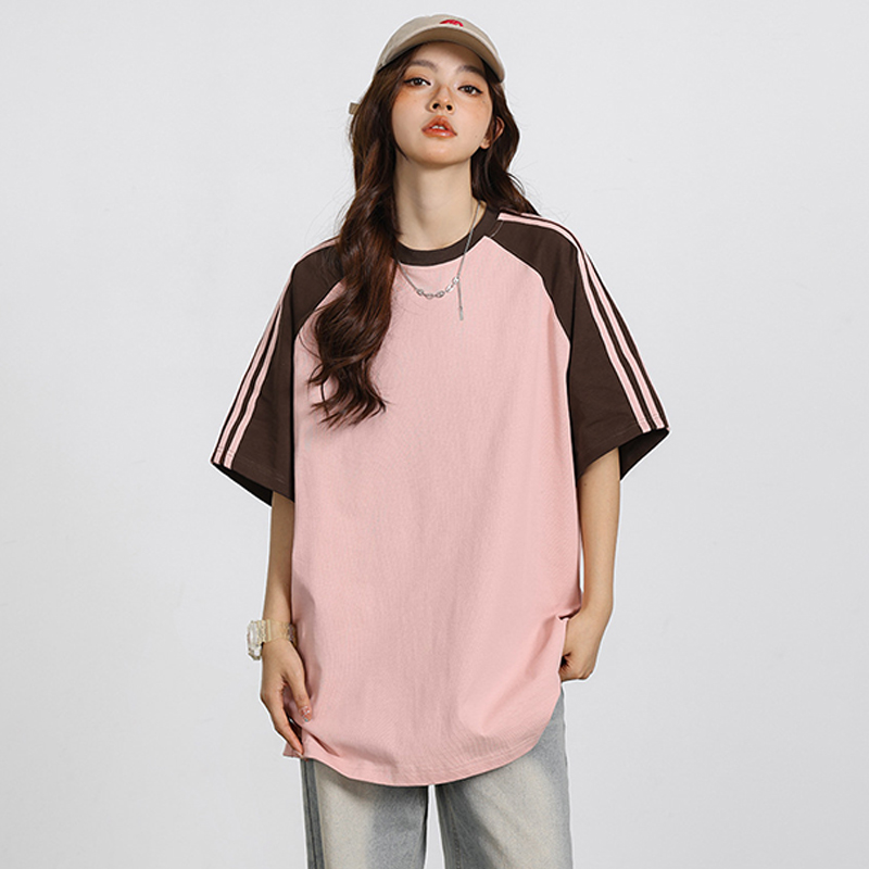 條紋拼接插肩短袖T卹女美式潮牌Oversize寬鬆情侶Tee