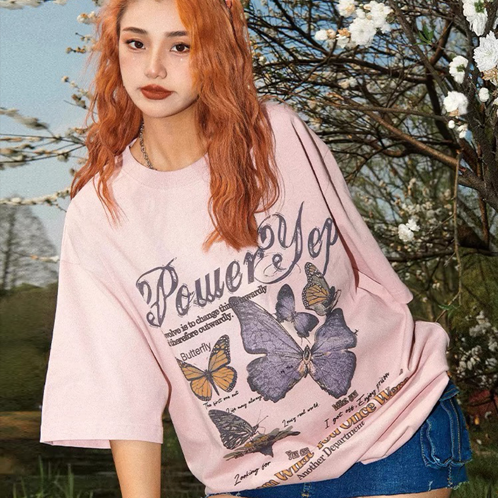 美式復古純棉蝴蝶短袖T恤女寬鬆BF設計感小眾潮牌上衣