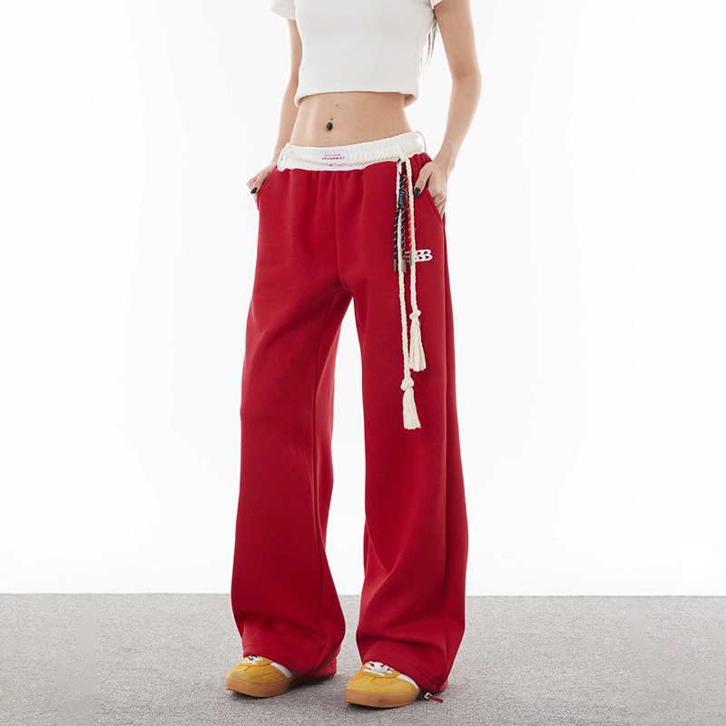 美式復古嘻哈綁帶運動褲寬鬆闊腿衛褲情侶垂感直筒休閒褲