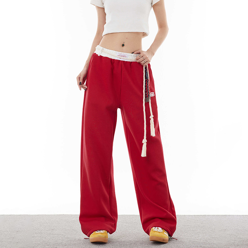 美式復古嘻哈綁帶運動褲寬鬆闊腿衛褲情侶垂感直筒休閒褲