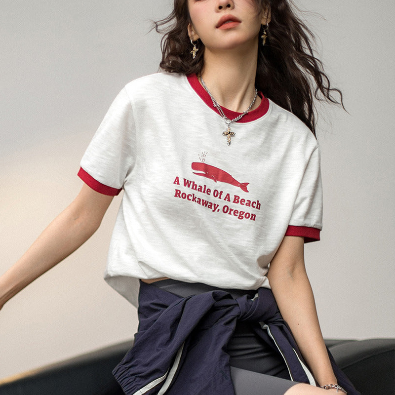 馬登女裝 休閒寬鬆字母印花圓領T恤撞色羅紋顯瘦打底衫