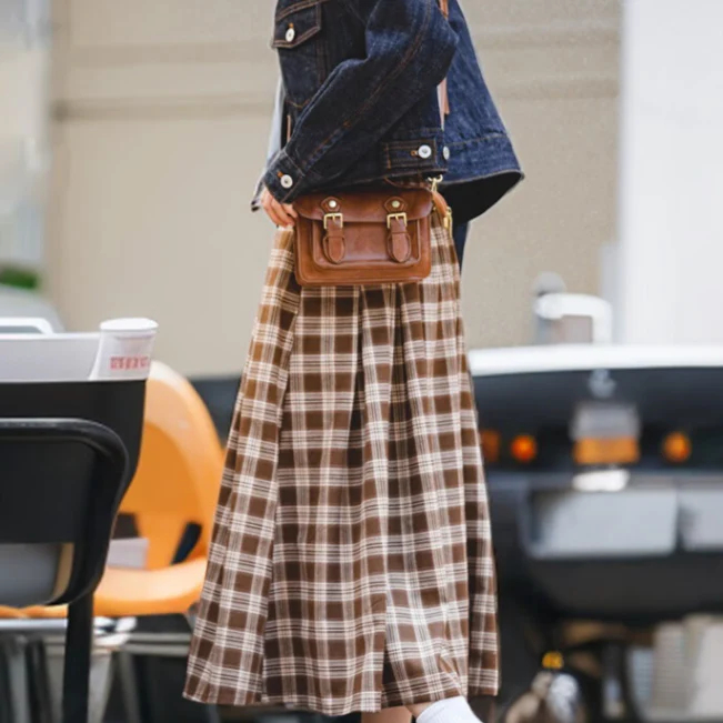 馬登女裝 美式復古格子口袋半身裙寬鬆休閒顯瘦顯高格紋長傘裙