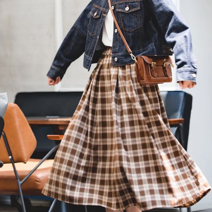 馬登女裝 美式復古格子口袋半身裙寬鬆休閒顯瘦顯高格紋長傘裙